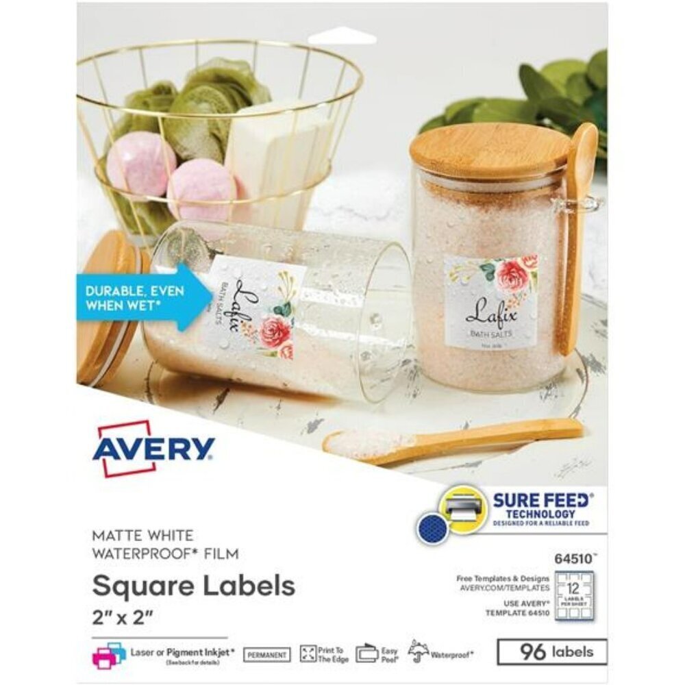 Avery Durable Waterproof Labels with Sure Feed Technology 2" x 2" Square 96 Labe
